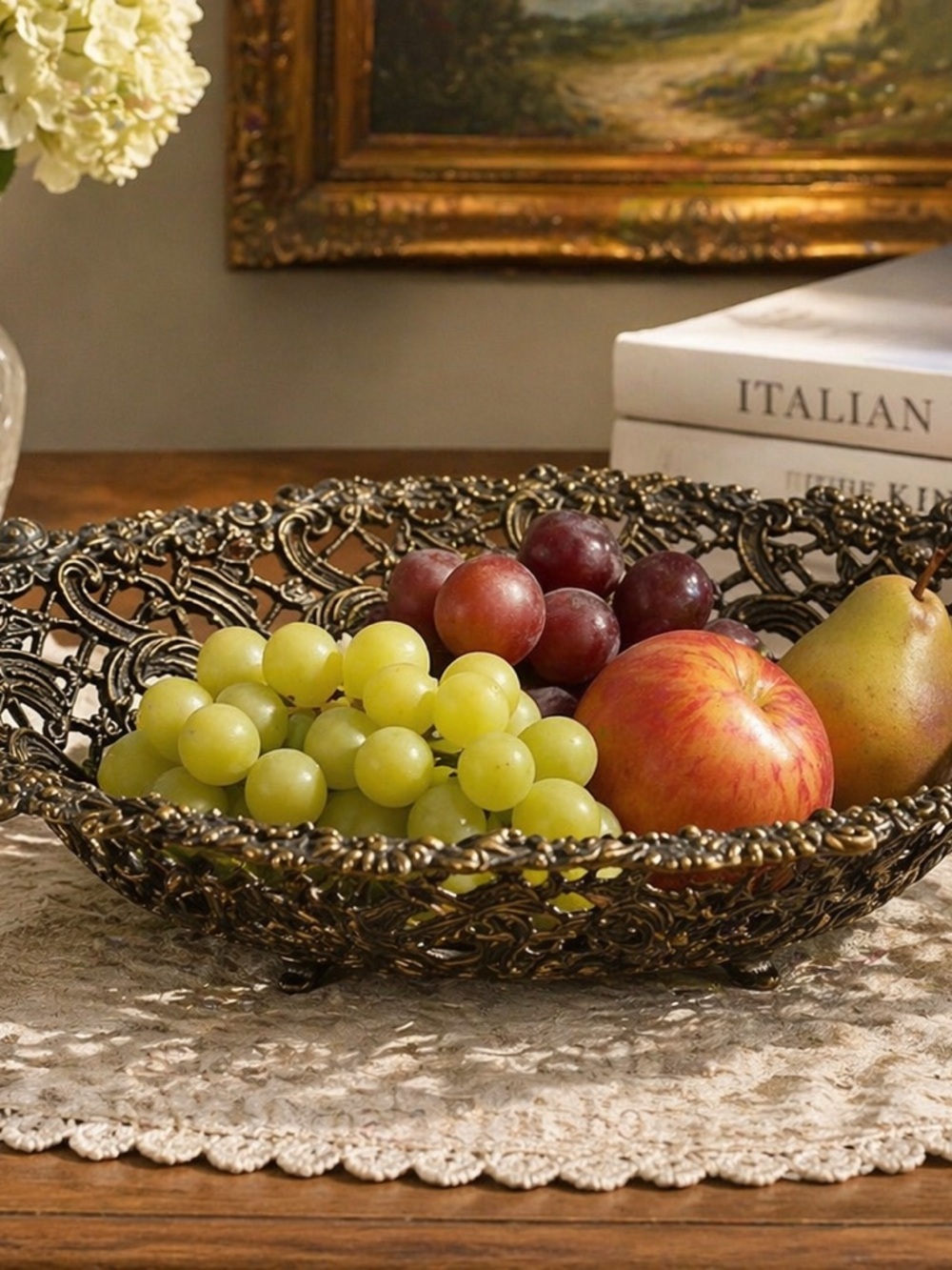 Vintage Italian Brass Filigree Floral Ornate Fruit Bowl